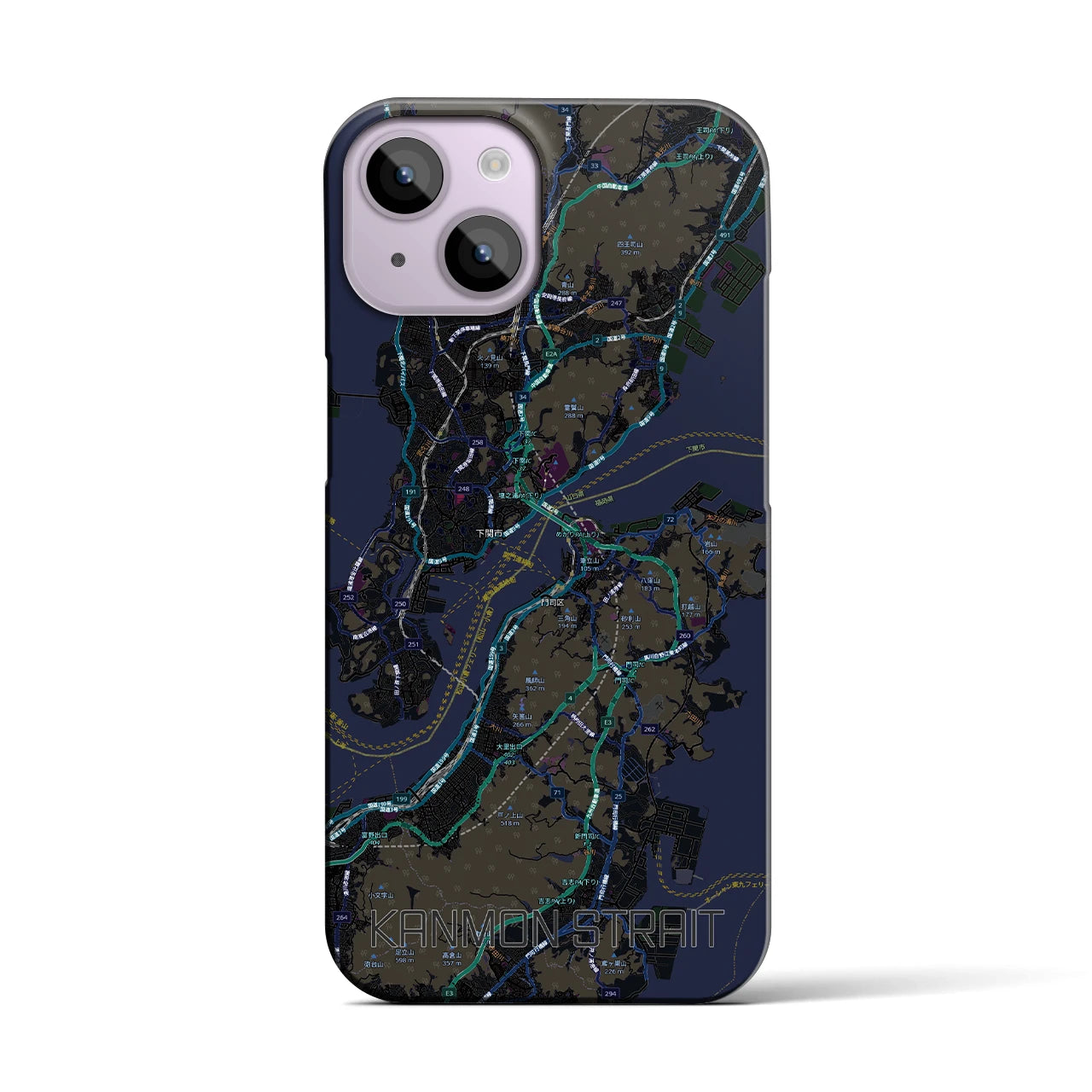 【関門海峡（山口県）】地図柄iPhoneケース（バックカバータイプ）ブラック・iPhone 14 用