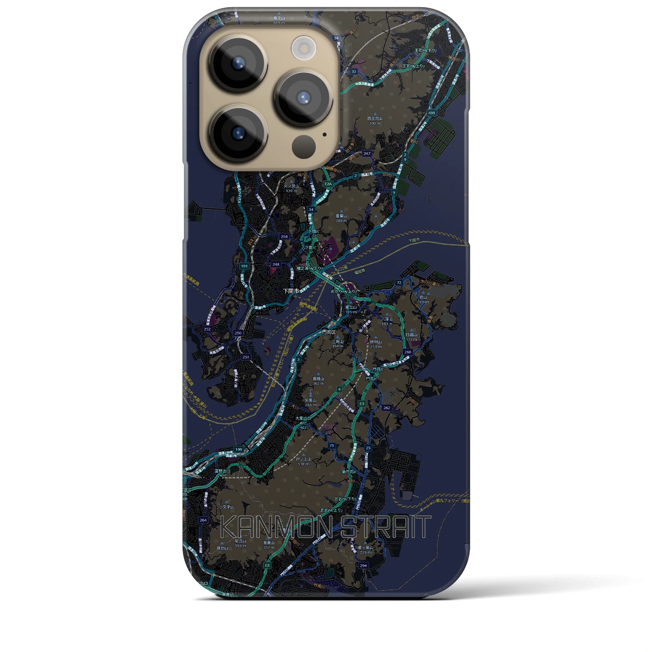 【関門海峡（山口県）】地図柄iPhoneケース（バックカバータイプ）ブラック・iPhone 14 Pro Max 用