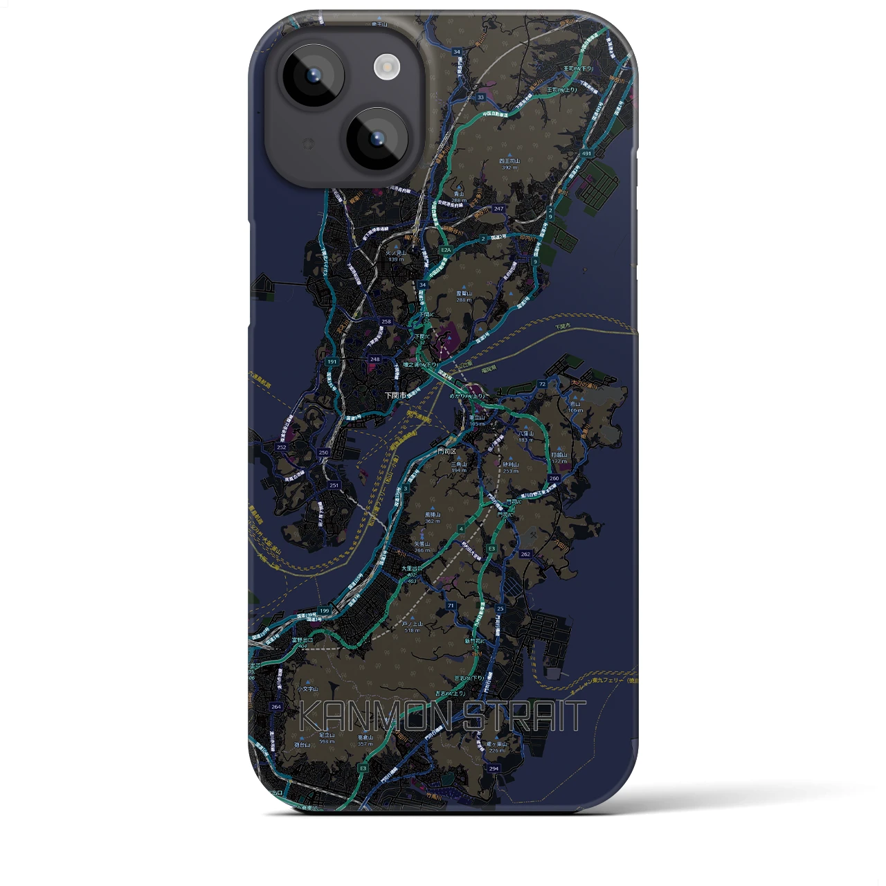 【関門海峡（山口県）】地図柄iPhoneケース（バックカバータイプ）ブラック・iPhone 14 Plus 用