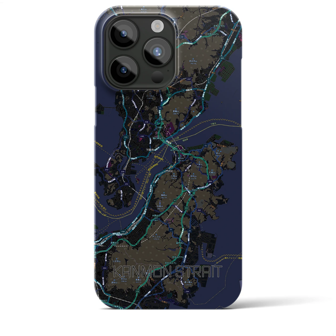 【関門海峡（山口県）】地図柄iPhoneケース（バックカバータイプ）ブラック・iPhone 15 Pro Max 用