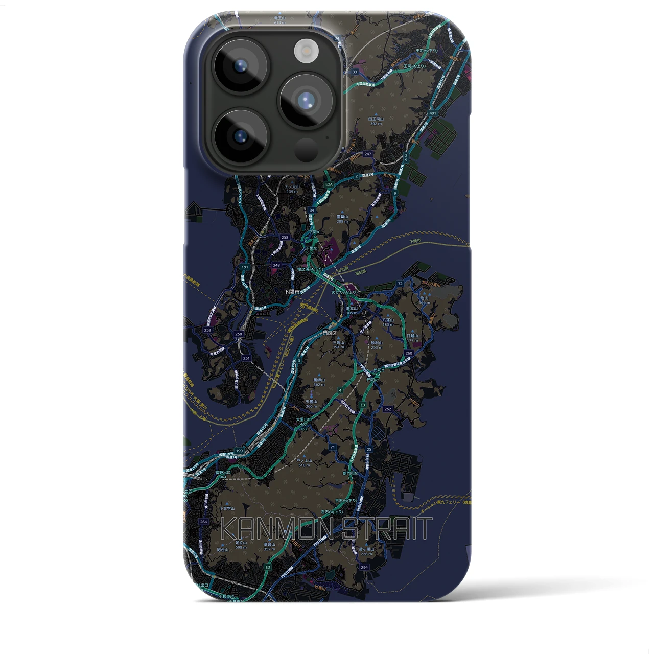 【関門海峡（山口県）】地図柄iPhoneケース（バックカバータイプ）ブラック・iPhone 15 Pro Max 用