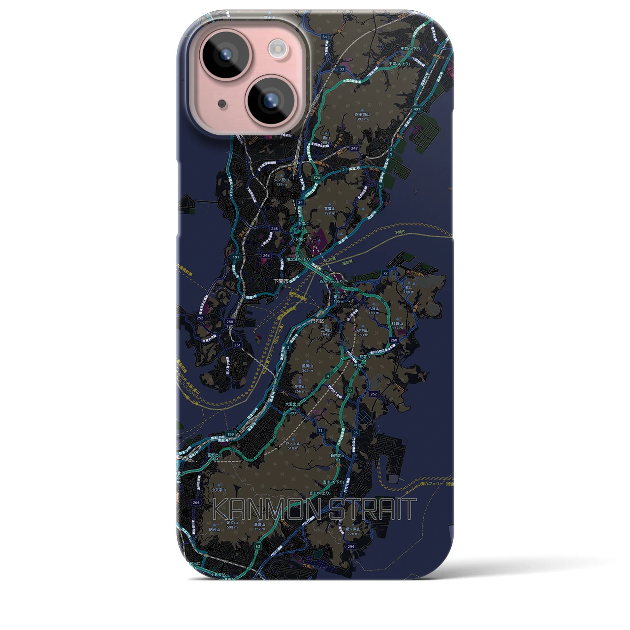 【関門海峡（山口県）】地図柄iPhoneケース（バックカバータイプ）ブラック・iPhone 15 Plus 用