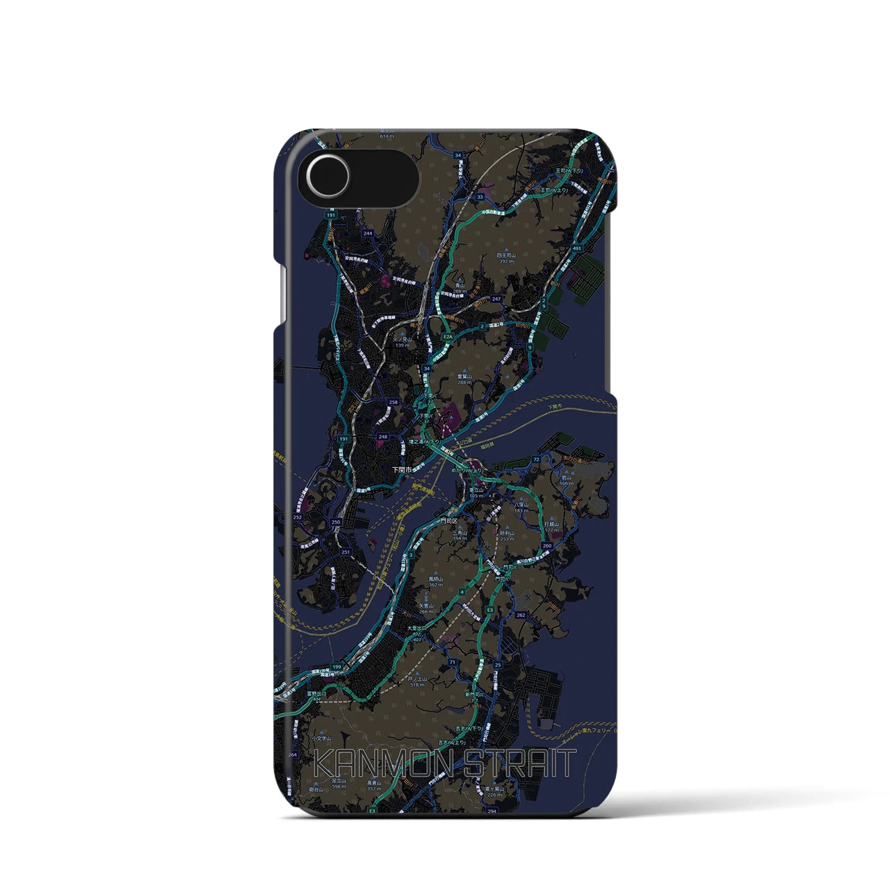 【関門海峡（山口県）】地図柄iPhoneケース（バックカバータイプ）ブラック・iPhone SE（第3 / 第2世代） / 8 / 7 / 6s / 6 用