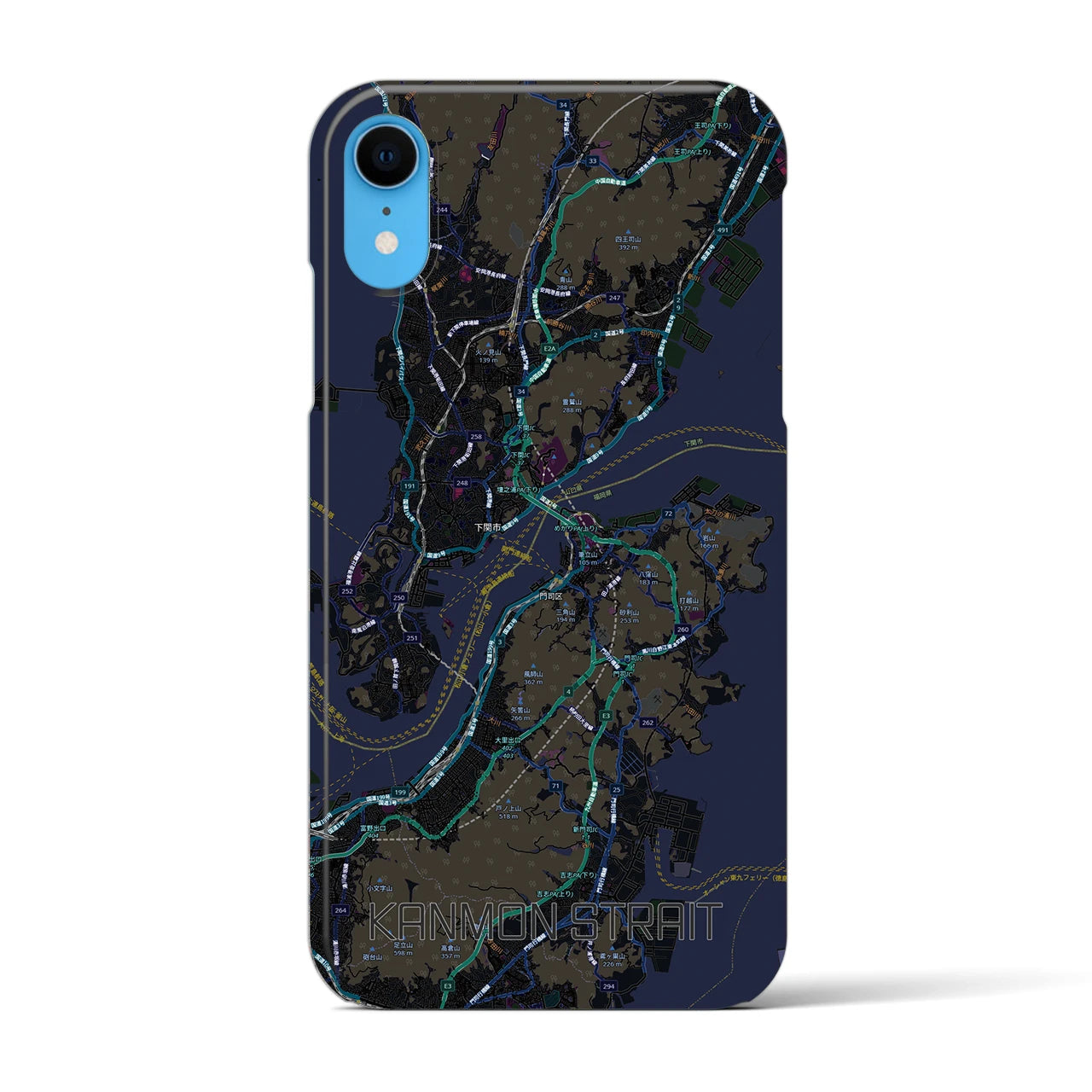 【関門海峡（山口県）】地図柄iPhoneケース（バックカバータイプ）ブラック・iPhone XR 用