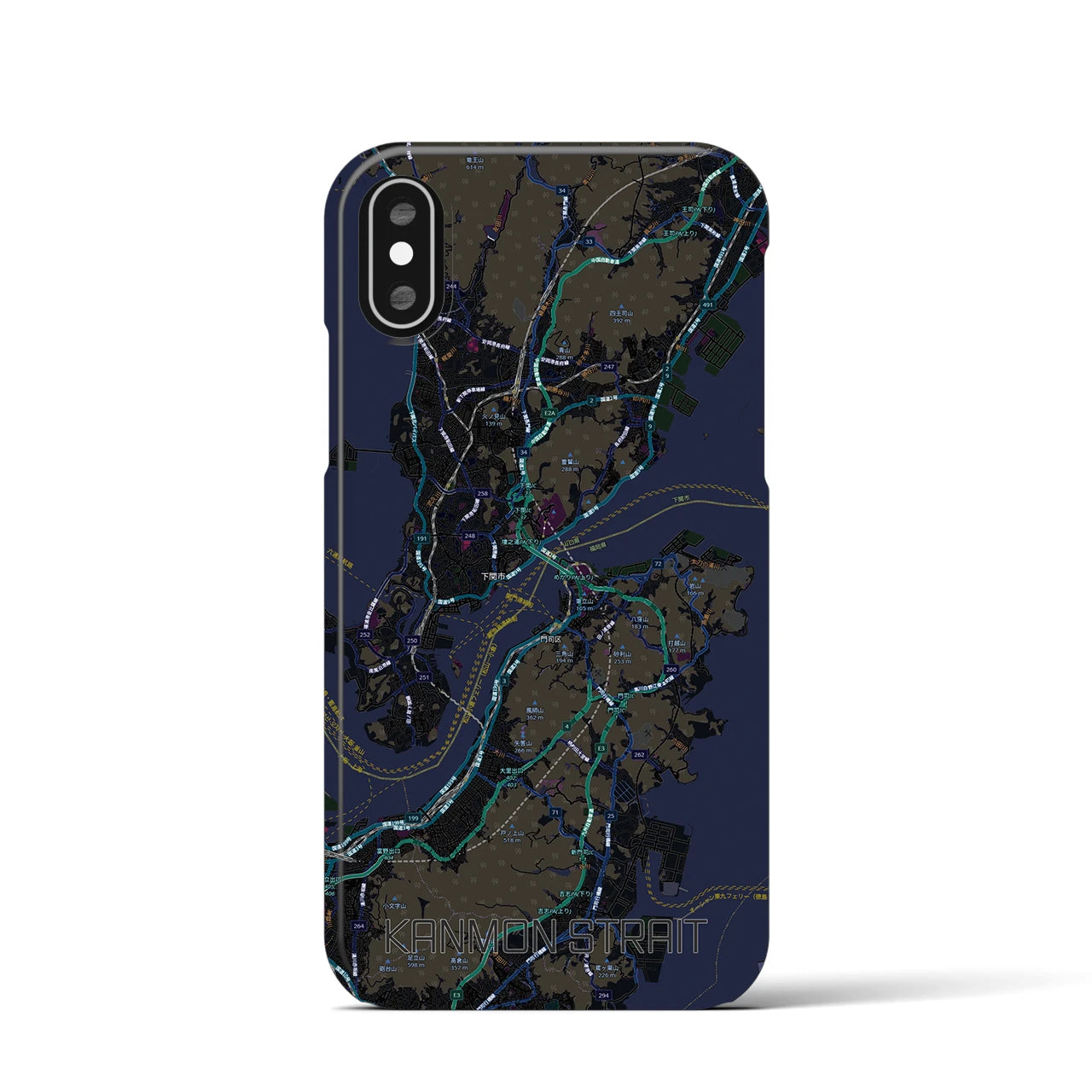 【関門海峡（山口県）】地図柄iPhoneケース（バックカバータイプ）ブラック・iPhone XS / X 用