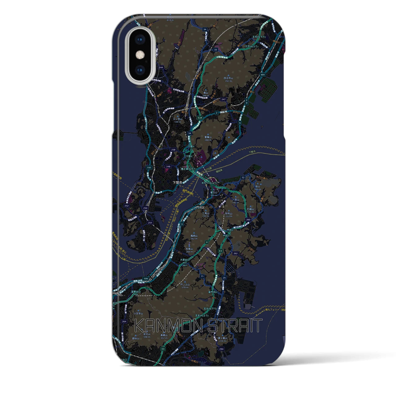 【関門海峡（山口県）】地図柄iPhoneケース（バックカバータイプ）ブラック・iPhone XS Max 用