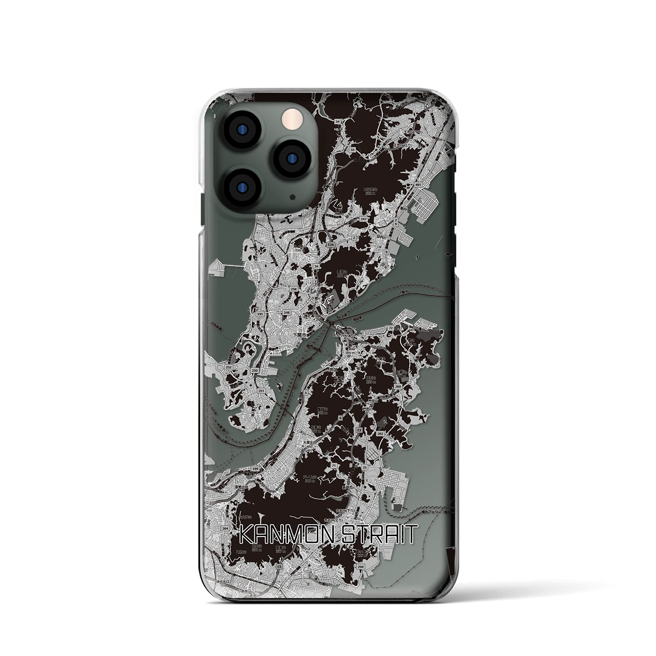 【関門海峡（山口県）】地図柄iPhoneケース（クリアタイプ）モノトーン・iPhone 11 Pro 用