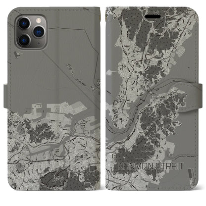 【関門海峡（山口県）】地図柄iPhoneケース（手帳タイプ）モノトーン・iPhone 11 Pro Max 用