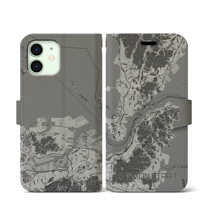【関門海峡（山口県）】地図柄iPhoneケース（手帳タイプ）モノトーン・iPhone 12 mini 用