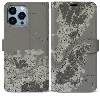 【関門海峡（山口県）】地図柄iPhoneケース（手帳タイプ）モノトーン・iPhone 13 Pro Max 用