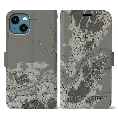 【関門海峡（山口県）】地図柄iPhoneケース（手帳タイプ）モノトーン・iPhone 13 用