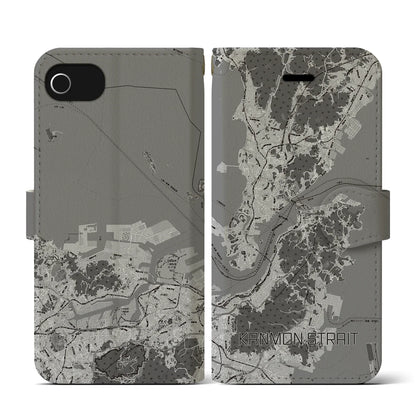 【関門海峡（山口県）】地図柄iPhoneケース（手帳タイプ）モノトーン・iPhone SE（第3 / 第2世代） / 8 / 7 / 6s / 6 用