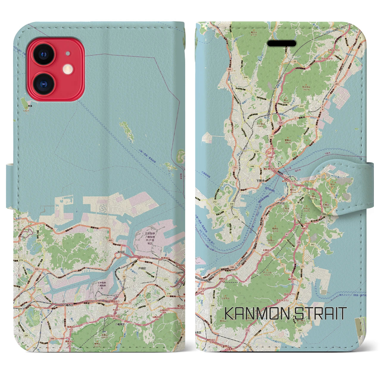 【関門海峡（山口県）】地図柄iPhoneケース（手帳タイプ）ナチュラル・iPhone 11 用