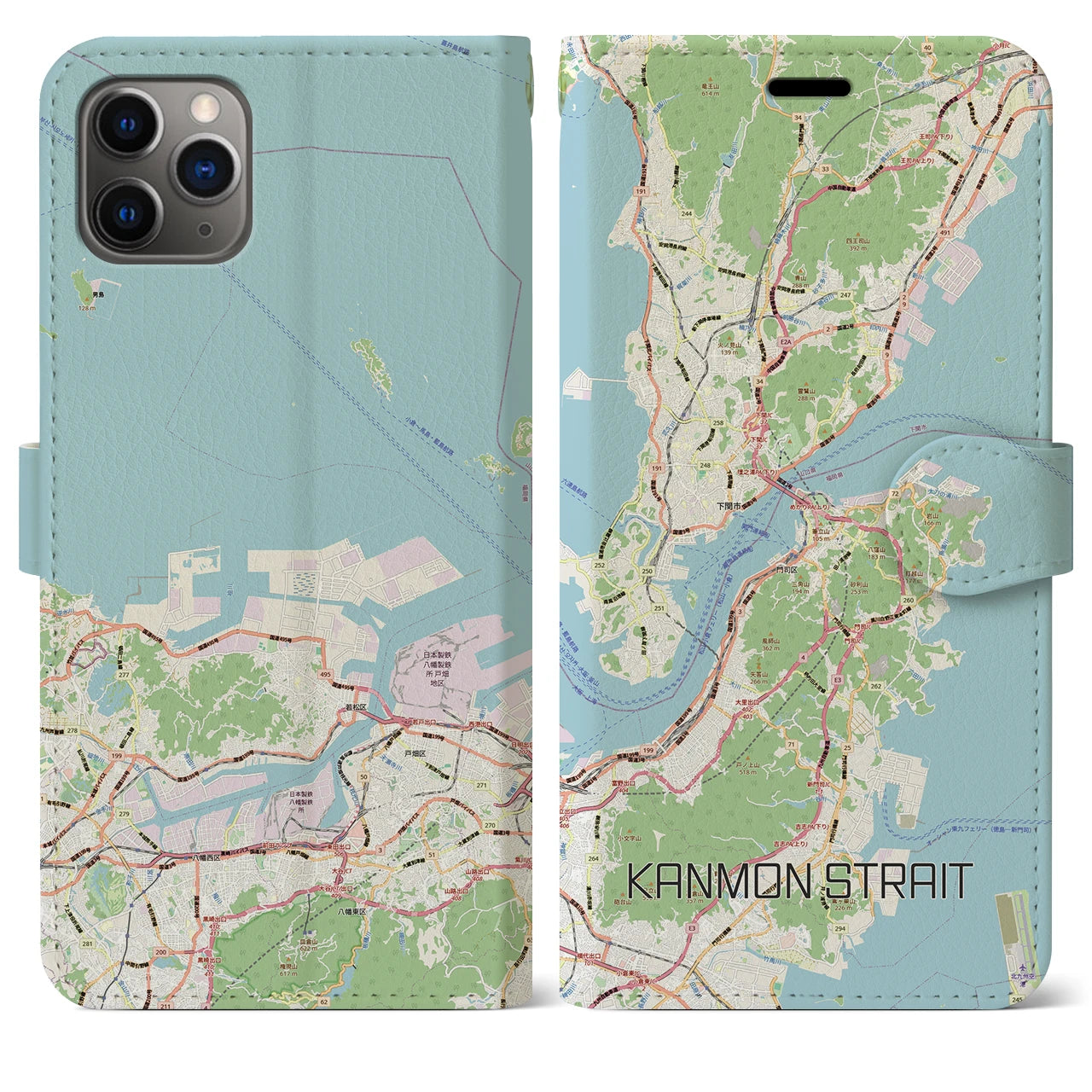 【関門海峡（山口県）】地図柄iPhoneケース（手帳タイプ）ナチュラル・iPhone 11 Pro Max 用