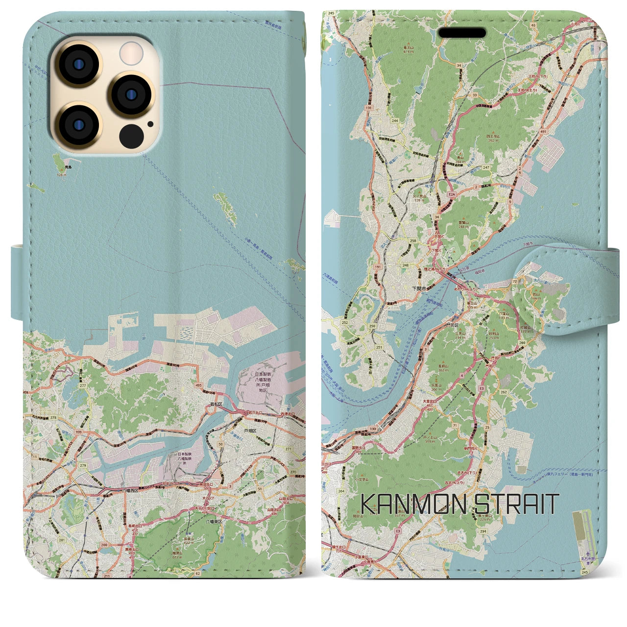 【関門海峡（山口県）】地図柄iPhoneケース（手帳タイプ）ナチュラル・iPhone 12 Pro Max 用