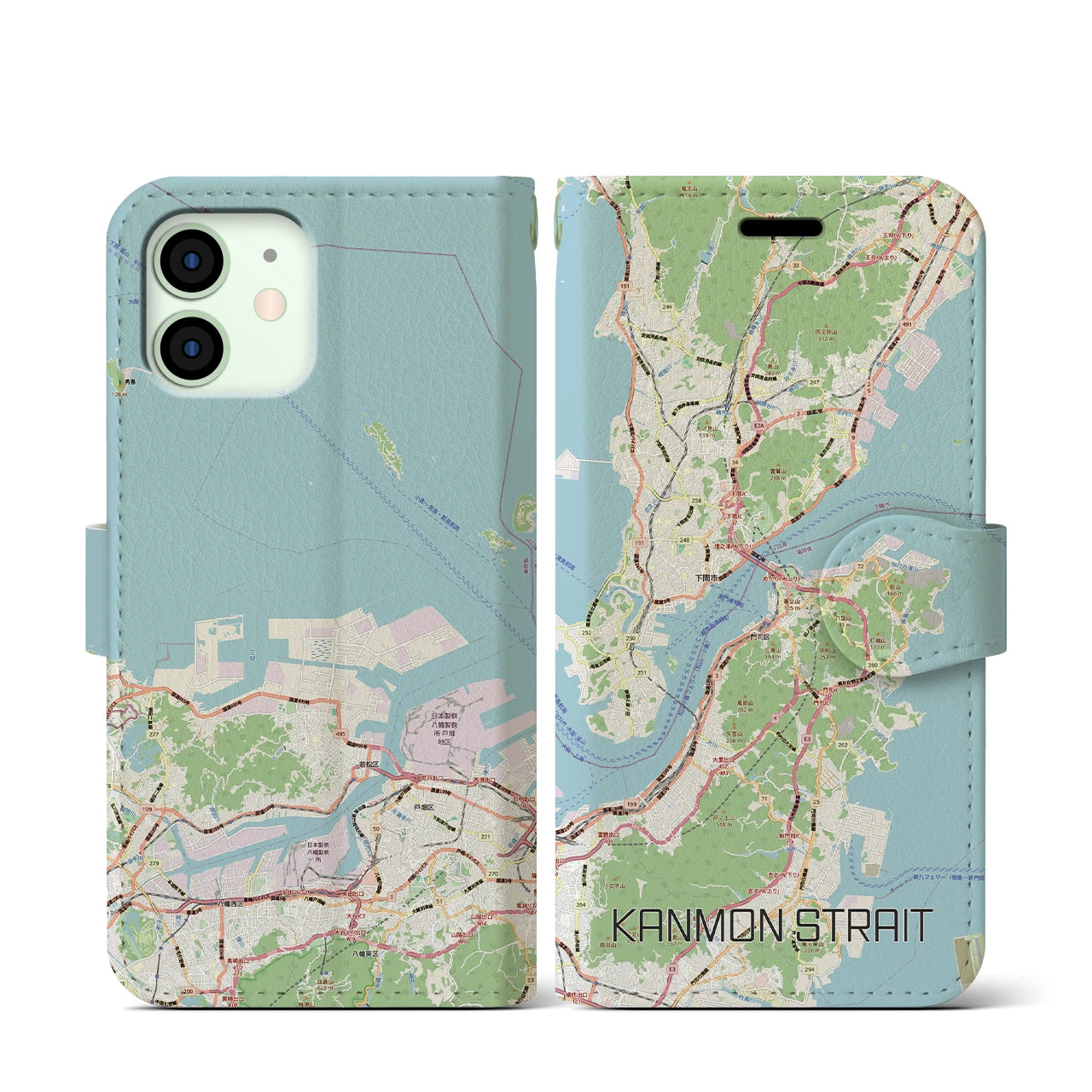 【関門海峡（山口県）】地図柄iPhoneケース（手帳タイプ）ナチュラル・iPhone 12 mini 用