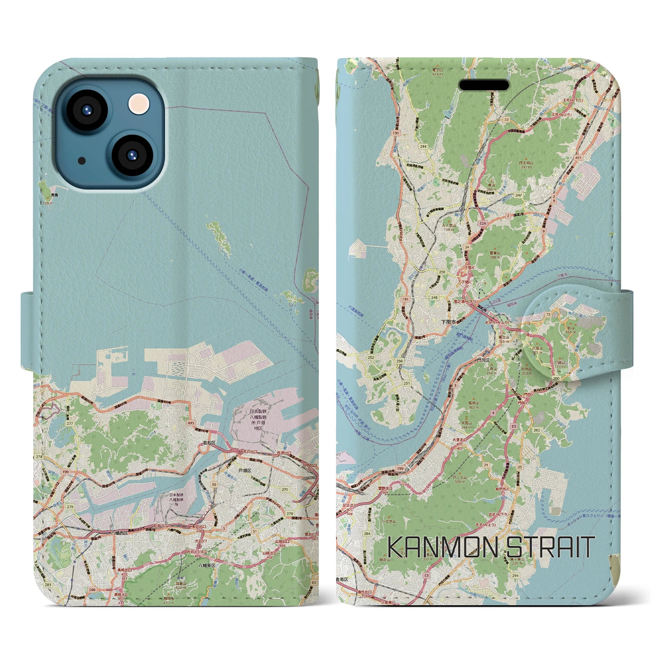 【関門海峡（山口県）】地図柄iPhoneケース（手帳タイプ）ナチュラル・iPhone 13 用