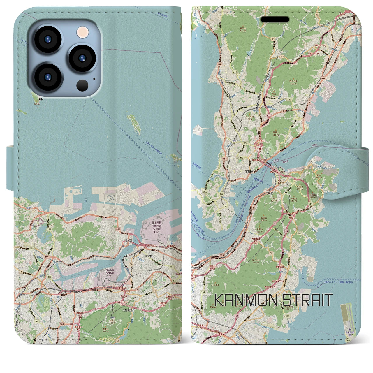 【関門海峡（山口県）】地図柄iPhoneケース（手帳タイプ）ナチュラル・iPhone 13 Pro Max 用