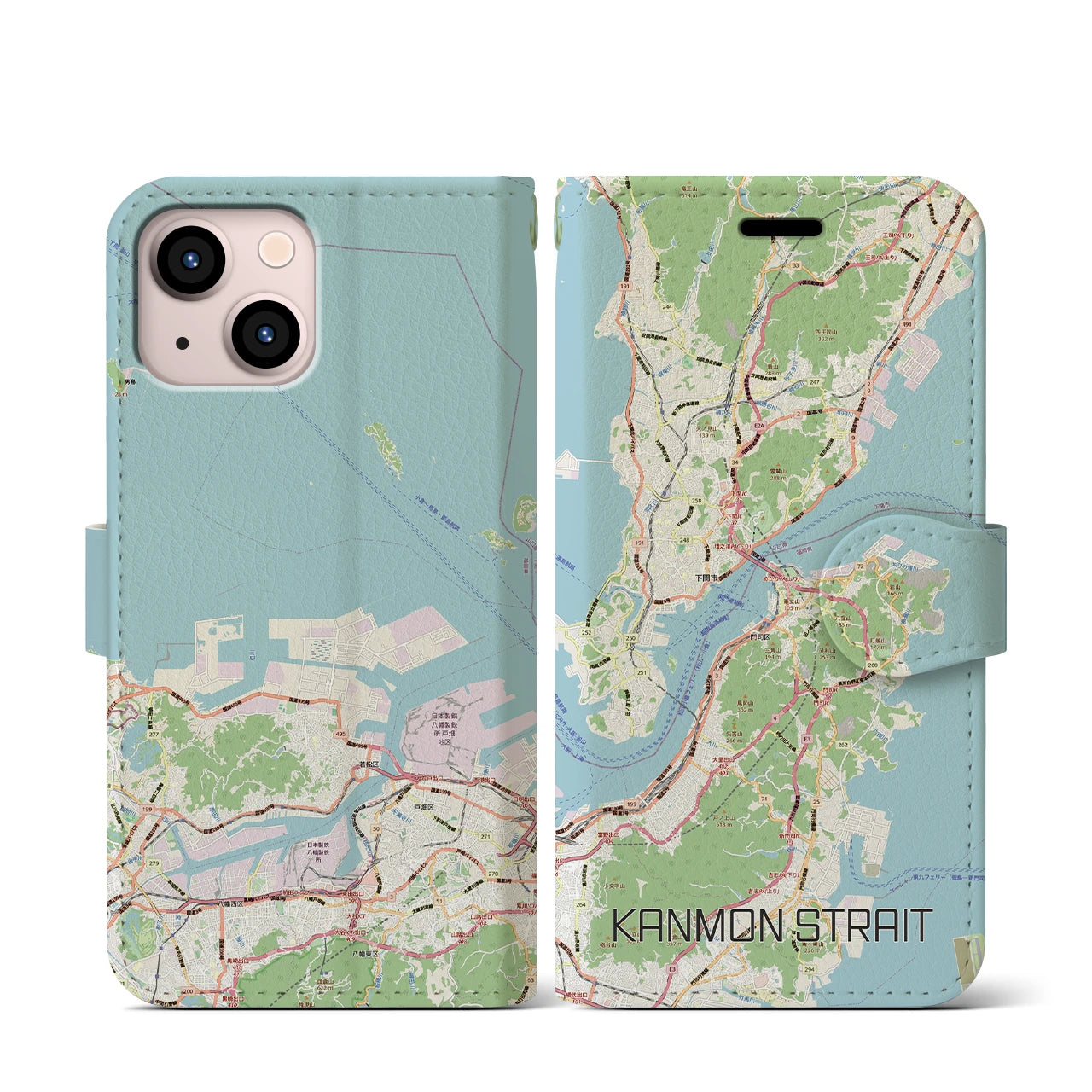 【関門海峡（山口県）】地図柄iPhoneケース（手帳タイプ）ナチュラル・iPhone 13 mini 用