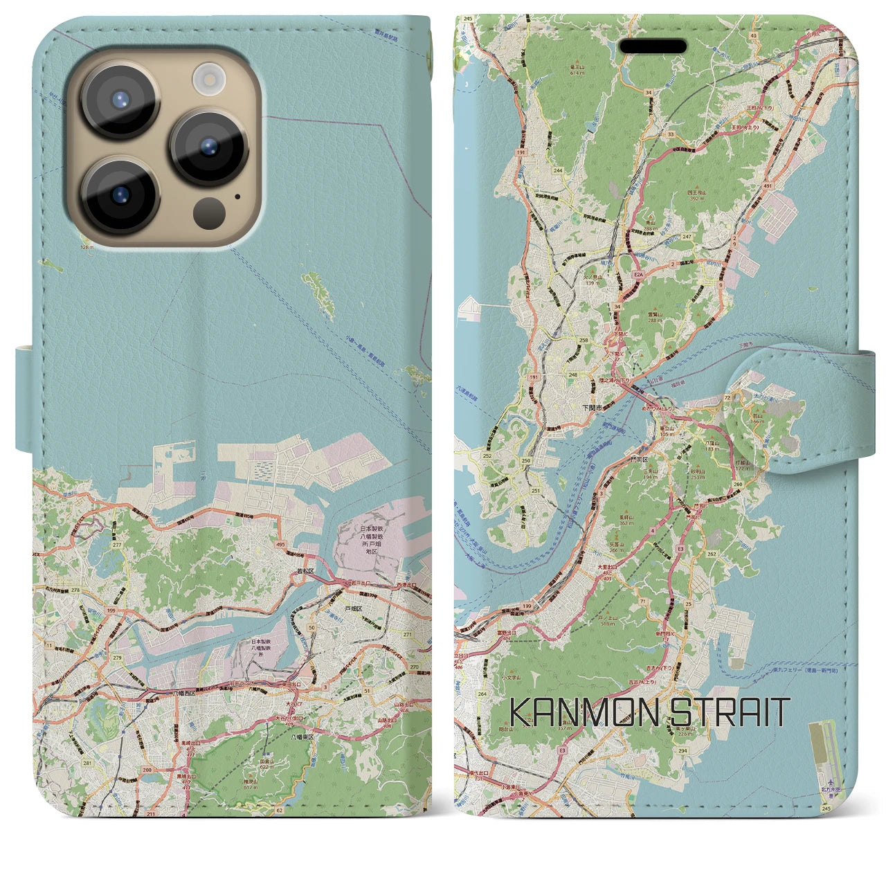 【関門海峡（山口県）】地図柄iPhoneケース（手帳タイプ）ナチュラル・iPhone 14 Pro Max 用