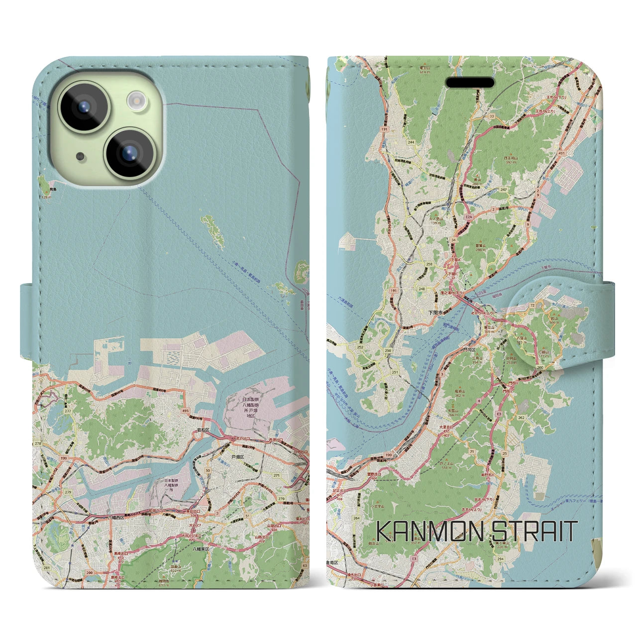 【関門海峡（山口県）】地図柄iPhoneケース（手帳タイプ）ナチュラル・iPhone 15 用