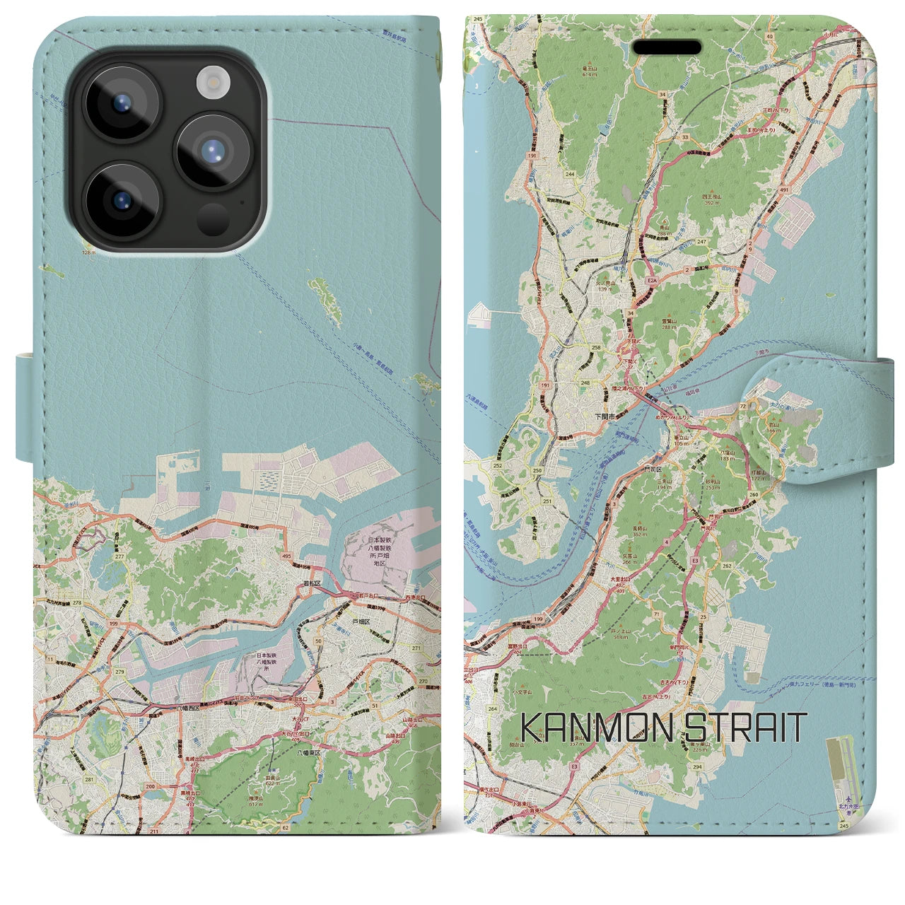 【関門海峡（山口県）】地図柄iPhoneケース（手帳タイプ）ナチュラル・iPhone 15 Pro Max 用