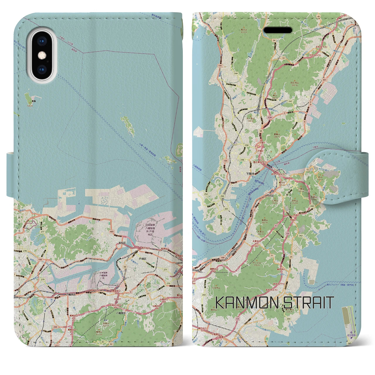 【関門海峡（山口県）】地図柄iPhoneケース（手帳タイプ）ナチュラル・iPhone XS Max 用