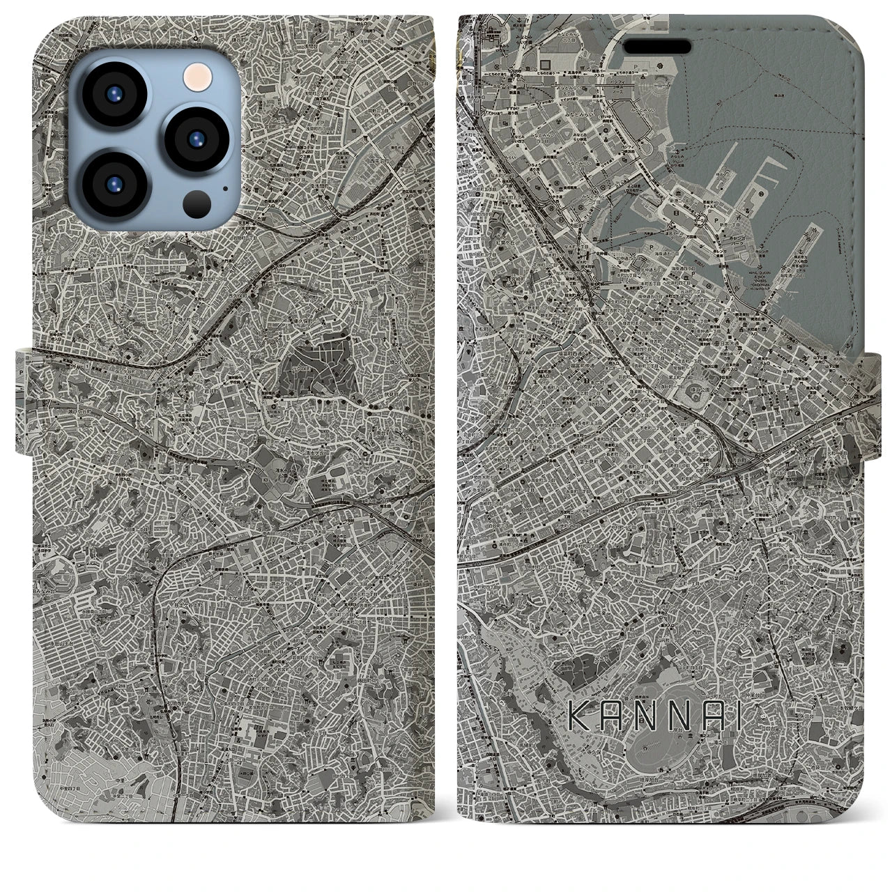 【関内】地図柄iPhoneケース（手帳両面タイプ・モノトーン）iPhone 13 Pro Max 用