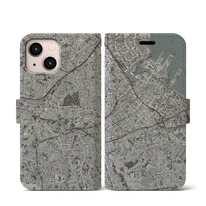 【関内（神奈川県）】地図柄iPhoneケース（手帳タイプ）モノトーン・iPhone 13 mini 用