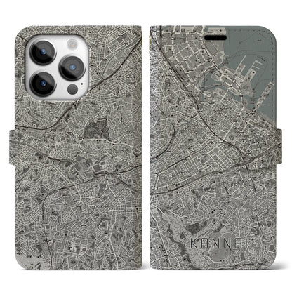 【関内（神奈川県）】地図柄iPhoneケース（手帳タイプ）モノトーン・iPhone 14 Pro 用