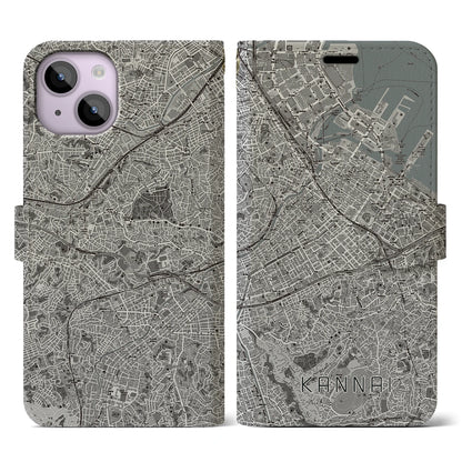 【関内（神奈川県）】地図柄iPhoneケース（手帳タイプ）モノトーン・iPhone 14 用