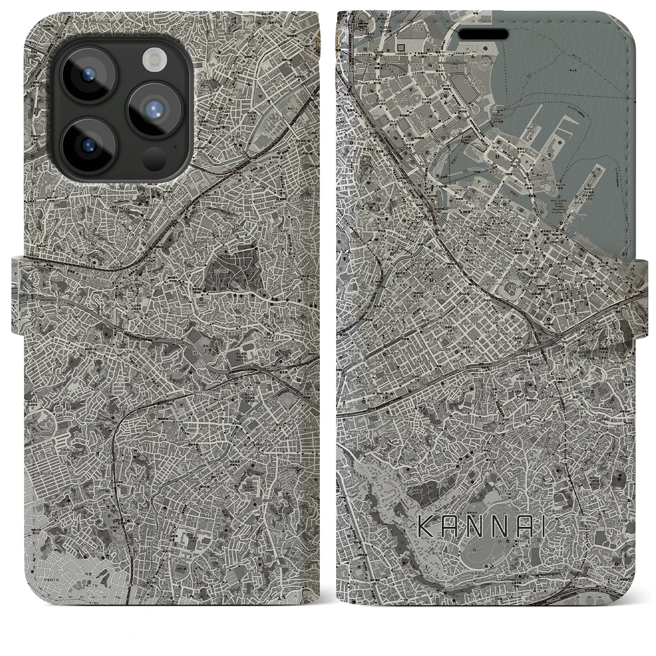 【関内】地図柄iPhoneケース（手帳両面タイプ・モノトーン）iPhone 15 Pro Max 用