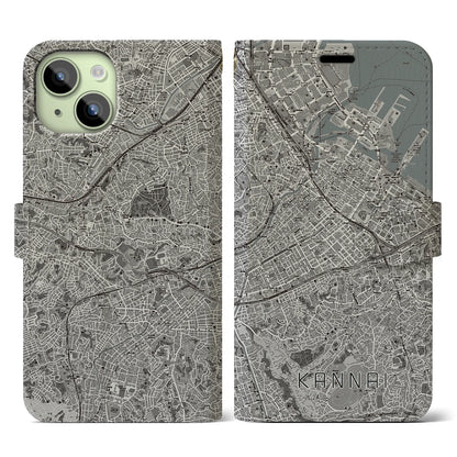 【関内（神奈川県）】地図柄iPhoneケース（手帳タイプ）モノトーン・iPhone 15 用
