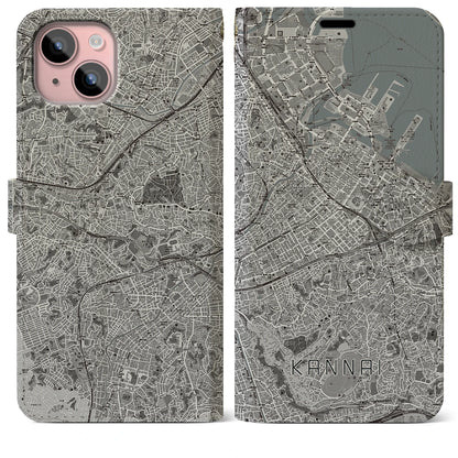 【関内（神奈川県）】地図柄iPhoneケース（手帳タイプ）モノトーン・iPhone 15 Plus 用