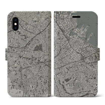 【関内（神奈川県）】地図柄iPhoneケース（手帳タイプ）モノトーン・iPhone XS / X 用