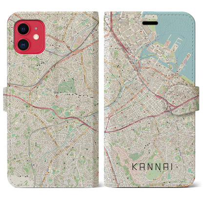 【関内（神奈川県）】地図柄iPhoneケース（手帳タイプ）ナチュラル・iPhone 11 用