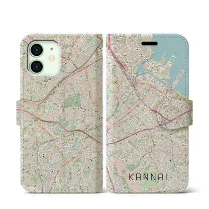 【関内（神奈川県）】地図柄iPhoneケース（手帳タイプ）ナチュラル・iPhone 12 mini 用