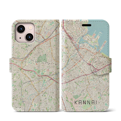 【関内（神奈川県）】地図柄iPhoneケース（手帳タイプ）ナチュラル・iPhone 13 mini 用