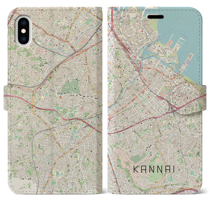 【関内（神奈川県）】地図柄iPhoneケース（手帳タイプ）ナチュラル・iPhone XS Max 用