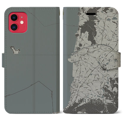 【観音寺（香川県）】地図柄iPhoneケース（手帳タイプ）モノトーン・iPhone 11 用