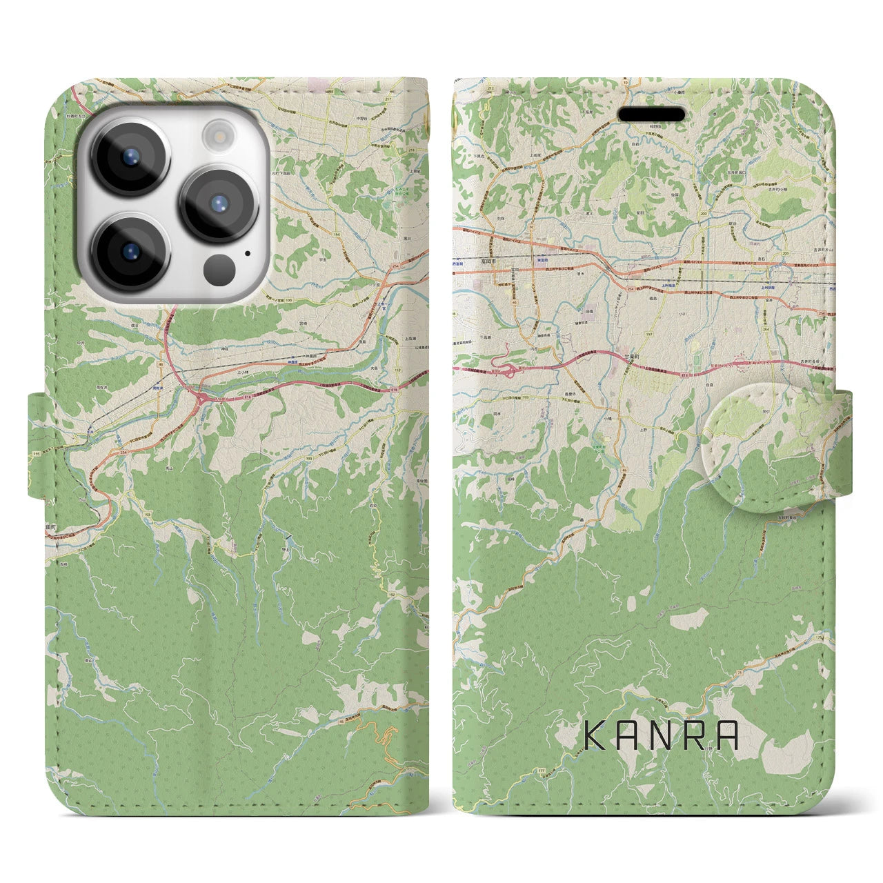 【甘楽（群馬県）】地図柄iPhoneケース（手帳タイプ）ナチュラル・iPhone 14 Pro 用