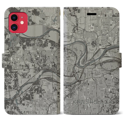 【カンザスシティ（アメリカ）】地図柄iPhoneケース（手帳タイプ）モノトーン・iPhone 11 用
