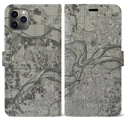 【カンザスシティ（アメリカ）】地図柄iPhoneケース（手帳タイプ）モノトーン・iPhone 11 Pro Max 用