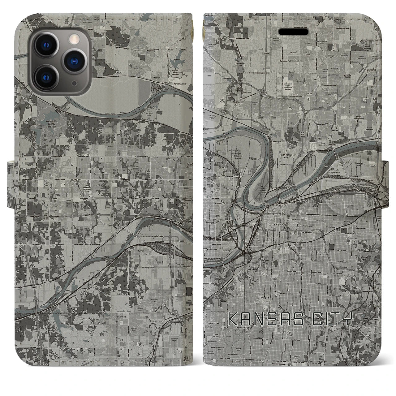 【カンザスシティ】地図柄iPhoneケース（手帳両面タイプ・モノトーン）iPhone 11 Pro Max 用
