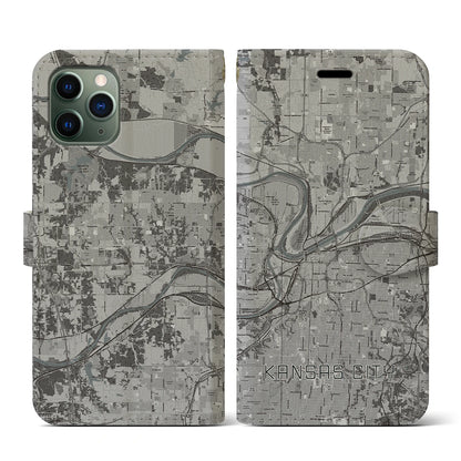 【カンザスシティ（アメリカ）】地図柄iPhoneケース（手帳タイプ）モノトーン・iPhone 11 Pro 用