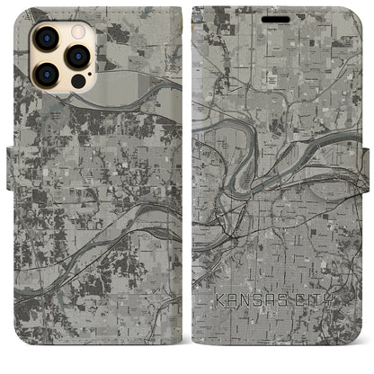 【カンザスシティ（アメリカ）】地図柄iPhoneケース（手帳タイプ）モノトーン・iPhone 12 Pro Max 用