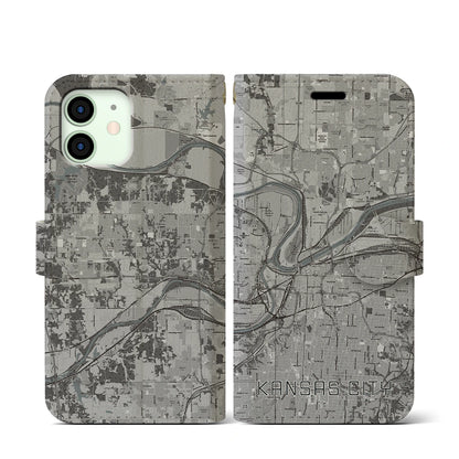 【カンザスシティ（アメリカ）】地図柄iPhoneケース（手帳タイプ）モノトーン・iPhone 12 mini 用