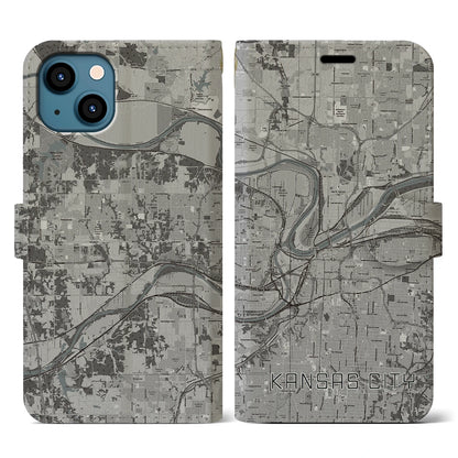 【カンザスシティ（アメリカ）】地図柄iPhoneケース（手帳タイプ）モノトーン・iPhone 13 用