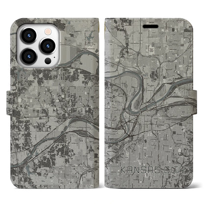【カンザスシティ（アメリカ）】地図柄iPhoneケース（手帳タイプ）モノトーン・iPhone 13 Pro 用