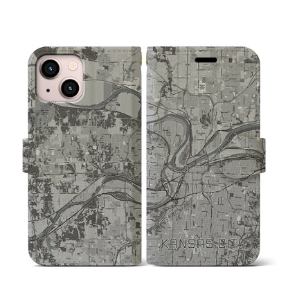 【カンザスシティ（アメリカ）】地図柄iPhoneケース（手帳タイプ）モノトーン・iPhone 13 mini 用